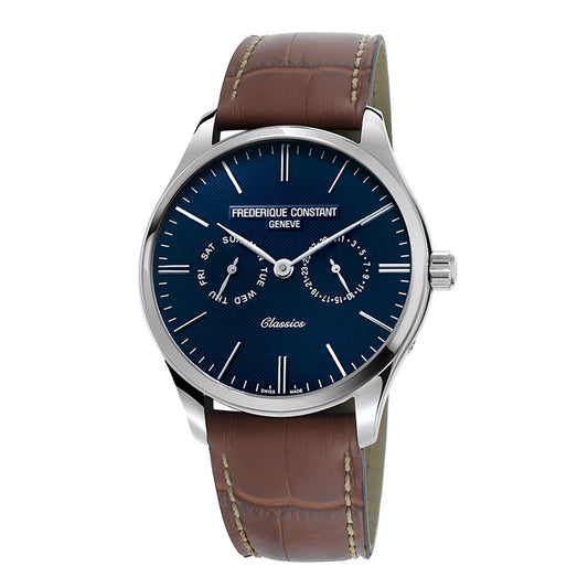 Introducing the Frederique Constant Classics Quartz 40mm Watch, a timeless wristwatch featuring a brown leather strap and stainless-steel casing. It boasts a blue dial with day and date subdials, complemented by silver hour markers and hands. The dial proudly displays the Frederique Constant brand name along with the "Classics" label, all driven by precise quartz movement.
