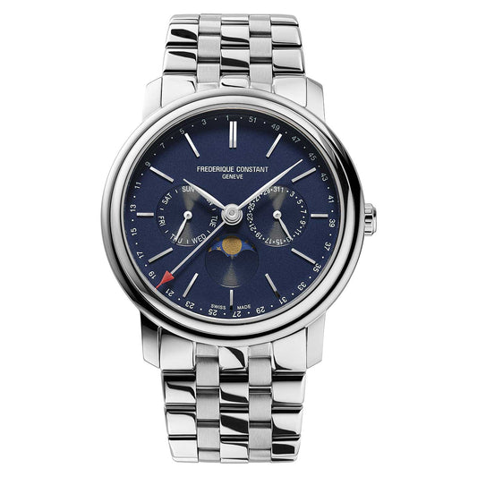 The Frederique Constant Index Business Timer Quartz 40mm Watch is a sophisticated timepiece from the renowned brand Frederique Constant. This silver wristwatch features a blue dial adorned with subdials for day, date, and month, alongside a moonphase indicator at the bottom. Its stainless steel strap complements its elegant design, making it ideal for business professionals who value both style and precision. Powered by an accurate quartz calibre, this watch epitomizes elegance and functionality.