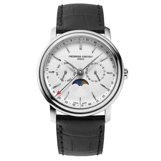 The Frederique Constant Classic Index Business Timer Quartz 40mm Watch embodies timeless charm with its silver-tone dial and black leather strap. Reflecting classic watchmaking, this luxury wristwatch boasts multiple subdials for day, date, and moon phase indicators within a minimalist silver case.