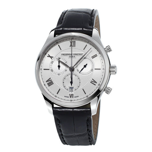 A silver Frederique Constant Classics Quartz 40mm watch with a stainless steel case and black leather strap. The watch showcases a face adorned with Roman numerals, three subdials, and a date window at the 6 o'clock position, embodying the timeless Chrono Quartz style.