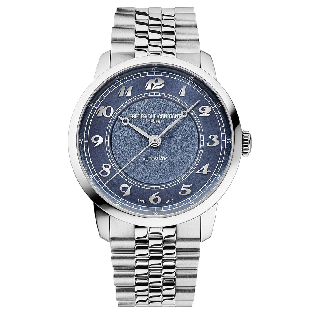The Frederique Constant Classics Premiere Automatic 38.5mm Watch features a silver-tone bracelet, blue textured dial with Arabic numerals and silver hands, offering elegant design and precise timekeeping for a refined look.