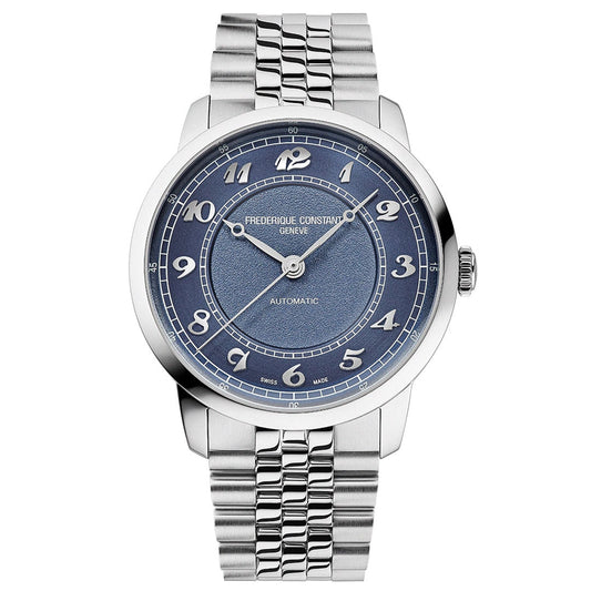 The Frederique Constant Classics Premiere Automatic 38.5mm Watch features a silver-tone bracelet, blue textured dial with Arabic numerals and silver hands, offering elegant design and precise timekeeping for a refined look.