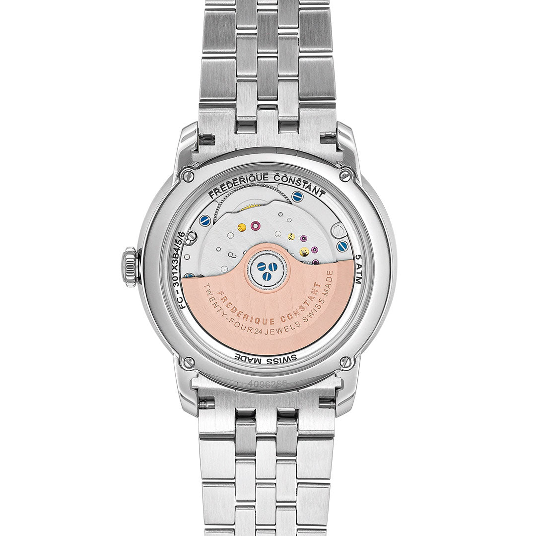 Back view of the Frederique Constant Classics Premiere Automatic 38.5mm Watch, featuring a silver metal bracelet and an automatic movement with a rose gold rotor visible through its transparent case back.