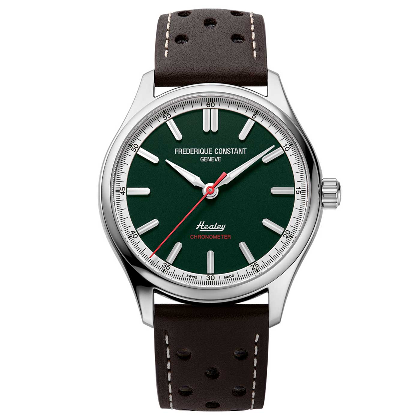 The Frederique Constant Vintage Rally Healey Automatic COSC 40mm Watch features a green dial embellished with hour indices and the "Healey" branding above "Chronometer." Its silver case is paired with a brown leather strap accented by white stitching. Inspired by classic cars, this watch embodies the essence of Austin Healey in every detail.