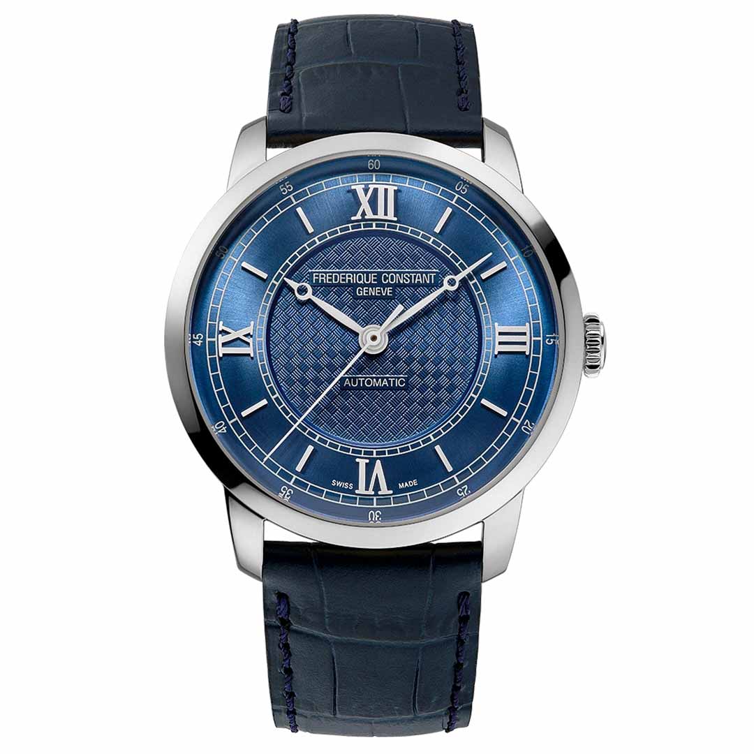 This Frederique Constant Classics Premiere Automatic 38.5mm watch exemplifies Geneva's watchmaking excellence, featuring a blue textured dial with Roman numerals and silver hands. Complemented by a dark blue leather strap, the dial prominently displays "Classics Premiere" along with the brand name "Frederique Constant Geneve.