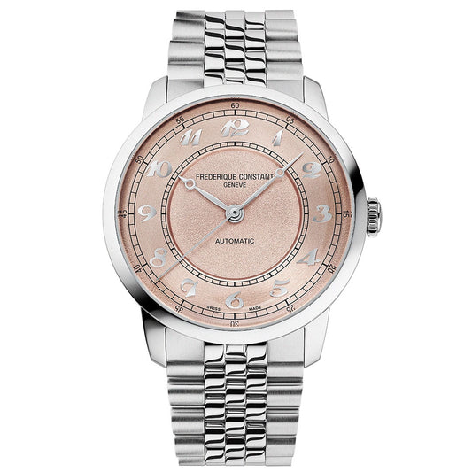 The Frederique Constant Classics Premiere Automatic 38.5mm Watch features a silver metal link band, salmon-pink dial with silver-tone numerals and three hands, plus a G100 La Joux-Perret movement offering a 68-hour power reserve.