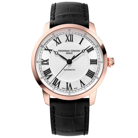 A luxurious automatic timepiece, the Frederique Constant Classics Premiere Automatic 38.5mm Watch, features a rose gold case and a black leather strap. Its white dial is adorned with black Roman numerals and two watch hands, elegantly displaying the "Frederique Constant" brand name along with "Automatic" near the center.