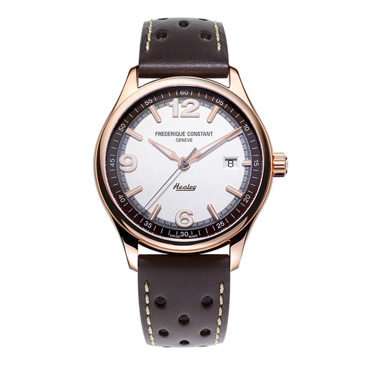 The Frederique Constant Vintage Rally Healey Automatic 40mm Watch features a stylish design with a racing leather strap and rose gold automatic case. Its white dial showcases silver indices, Arabic numerals at 12, 3, 6, and 9, a date display, and "Vintage Rally Healey" branding.