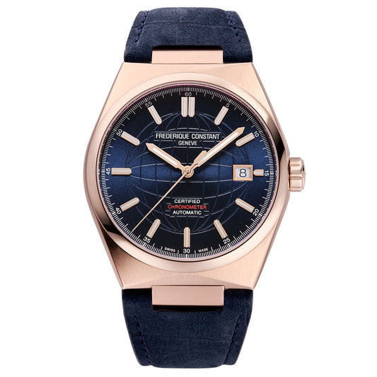 The Frederique Constant Highlife Automatic COSC 39mm Watch, ideal for everyday wear, showcases a deep blue textured dial with luminous hands and a date window at 3 o'clock. Its blue leather strap harmonizes with the "Frederique Constant Geneve" branding and "Highlife Automatic COSC" certification on the dial.