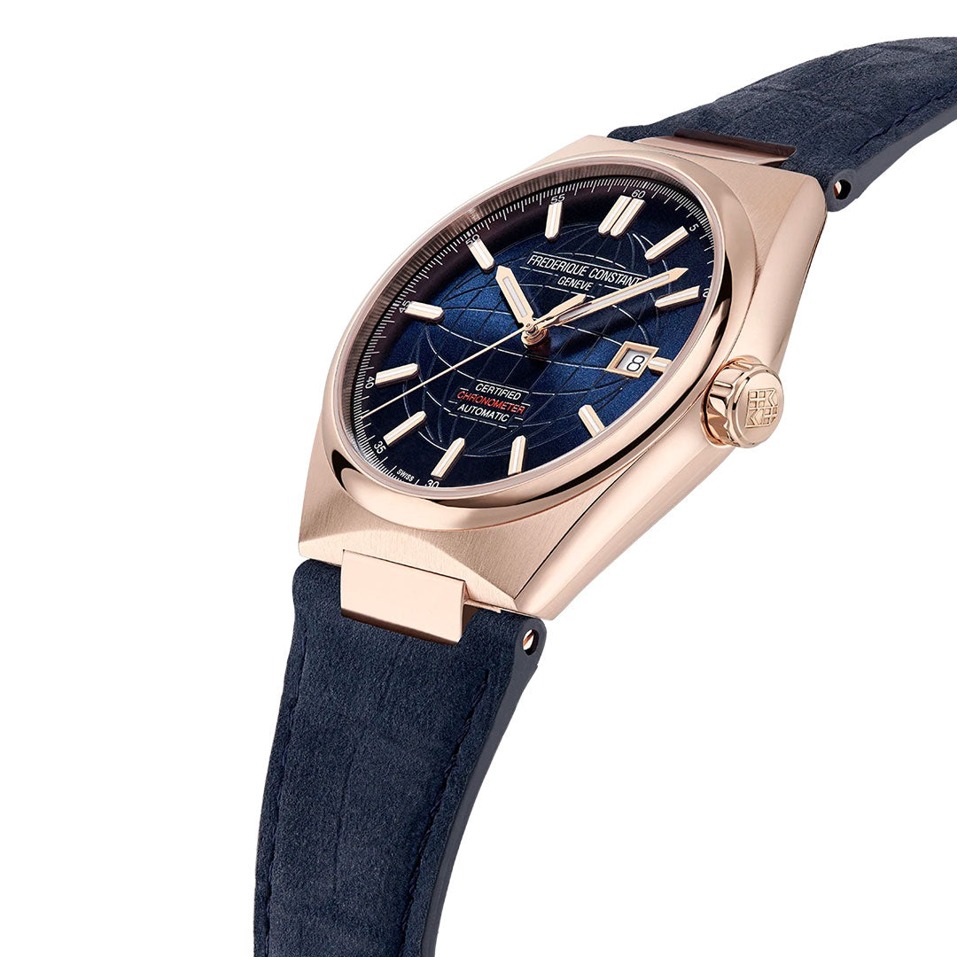 The Frederique Constant Highlife Automatic COSC 39mm Watch, perfect for daily wear, showcases a blue textured dial paired with a gold casing. It includes an arrow-shaped hour hand, minute markers, and a date display located at the three o'clock position. Complemented by a blue leather strap and an engraved gold crown, this luxury watch from Frederique Constant enhances your collection with its precise Highlife Automatic COSC movement.