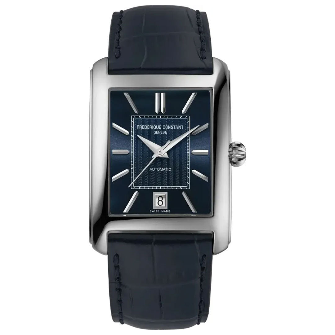 The Frederique Constant Classics Carree Automatic 30mm x 42.3mm watch showcases a silver case, blue dial, silver markers and hands, date at 6 o'clock, and a blue leather strap.