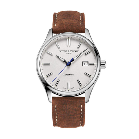 A 40mm watch from the Frederique Constant Classics Index Automatic collection, featuring a silver case and a brown calf leather strap. The watch boasts a white dial with stainless steel indexes, a date window at the three o'clock position, and blue-tipped hands, with the "Frederique Constant" brand name displayed beneath the 12 o'clock marker.