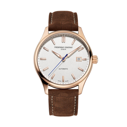 The Frederique Constant Classics Index Automatic 40mm Watch is a luxury timepiece featuring a brown leather strap and a rose-gold plated steel case. It includes a silver dial with gold indices and hands, alongside a distinctive blue second hand and a date window at the 3 o'clock position. The watch is marked with "Frederique Constant Geneve" and powered by the Classic Index Automatic FC-303 caliber.