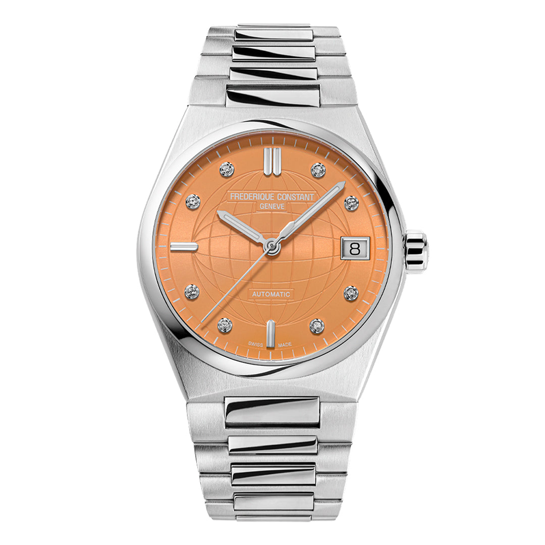 A luxury Frederique Constant Highlife Ladies Automatic 34mm watch features a silver metal band, vibrant orange dial with diamond hour markers, a date window at 3 o'clock, and the inscriptions "Frederique Constant Genève" and "Automatic.