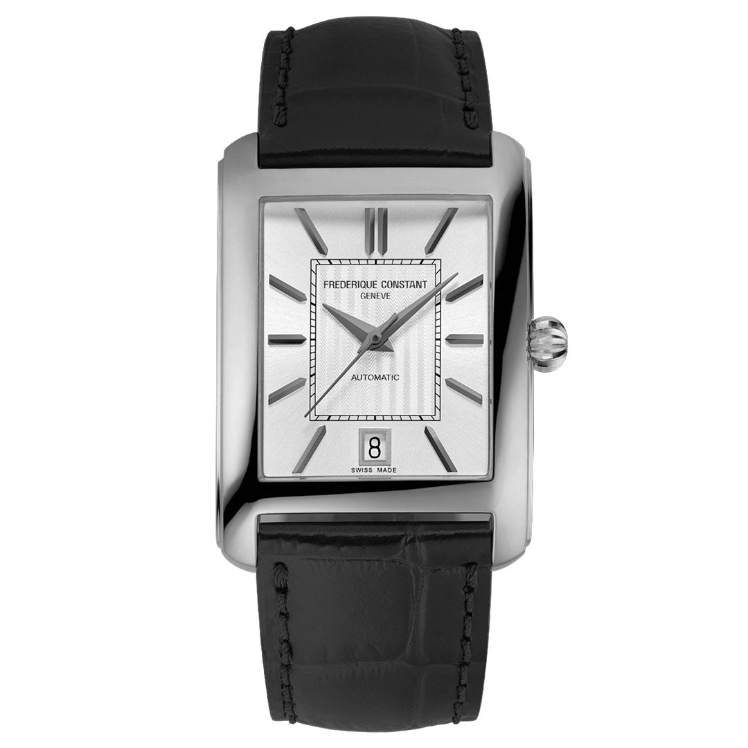 The Frederique Constant Classics Carree Automatic 42mm x 22mm features a rectangular silver dial, white face, black Roman numerals, black leather strap, date at 6 o’clock, and “Frederique Constant Geneve Automatic” on the dial—luxury for any occasion.