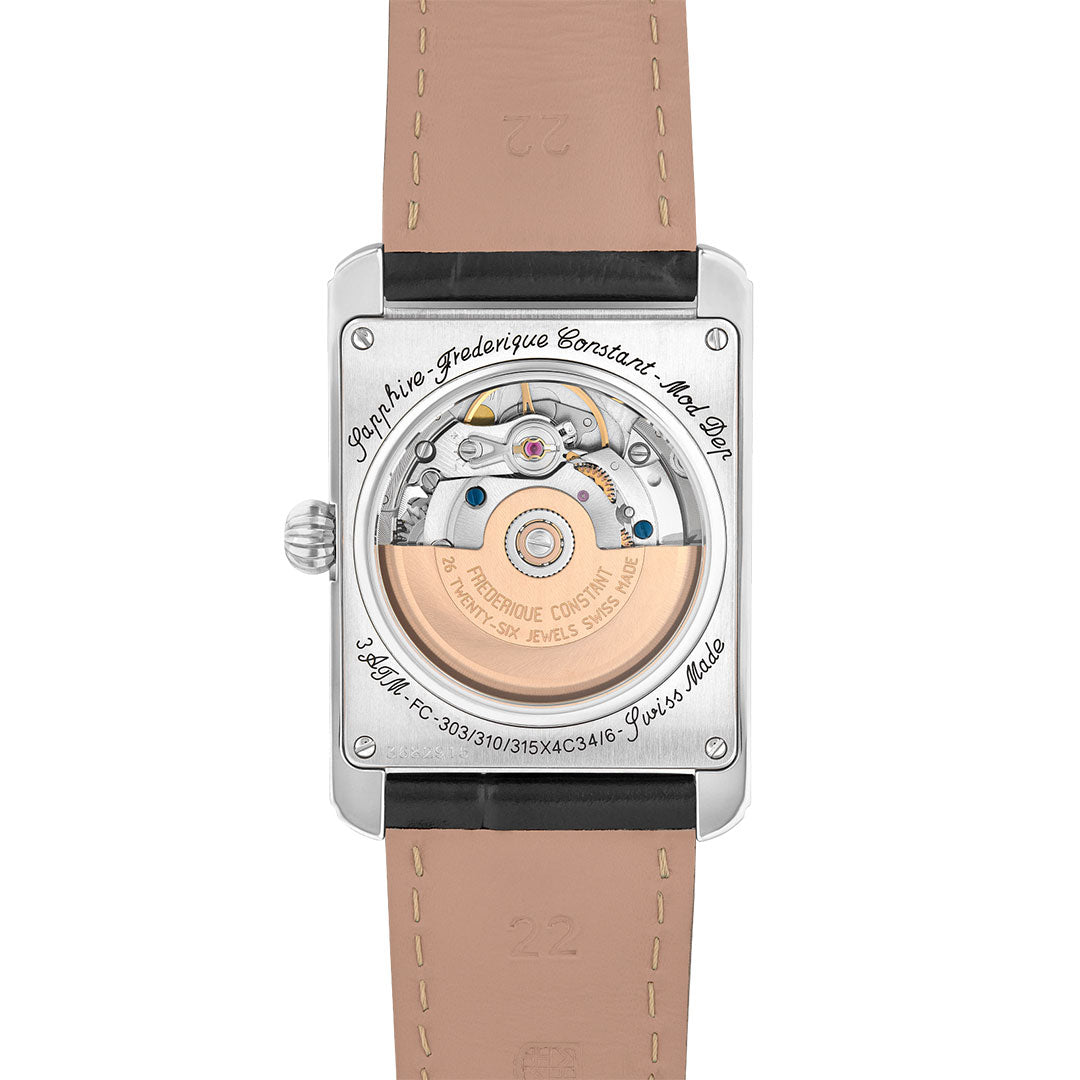 Close-up of the Frederique Constant Classics Carree Automatic 42mm x 22mm watch’s back, revealing its engraved details, exposed mechanical movement, black leather strap, and gold-toned rotor marked "Frederique Constant Manufacture 26 Jewels Swiss Made.