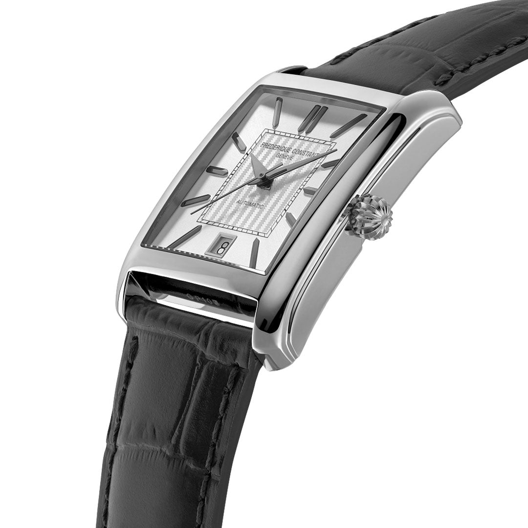 The Frederique Constant Classics Carree Automatic 42mm x 22mm watch features a rectangular silver dial, white face, black hour markers and hands, date at 6 o’clock, and a black leather strap—offering accessible luxury.