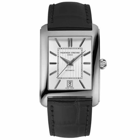 This elegant timepiece, the Frederique Constant Classics Carree Automatic 42mm x 30mm Watch, showcases a rectangular design with a silver face, complemented by a black leather strap. Featuring silver hour markers and hands illuminated by the six o'clock date display, it captures the essence of classic watchmaking. The watch is branded as "Frederique Constant Geneve Classics Carrée Automatic," exuding timeless elegance.