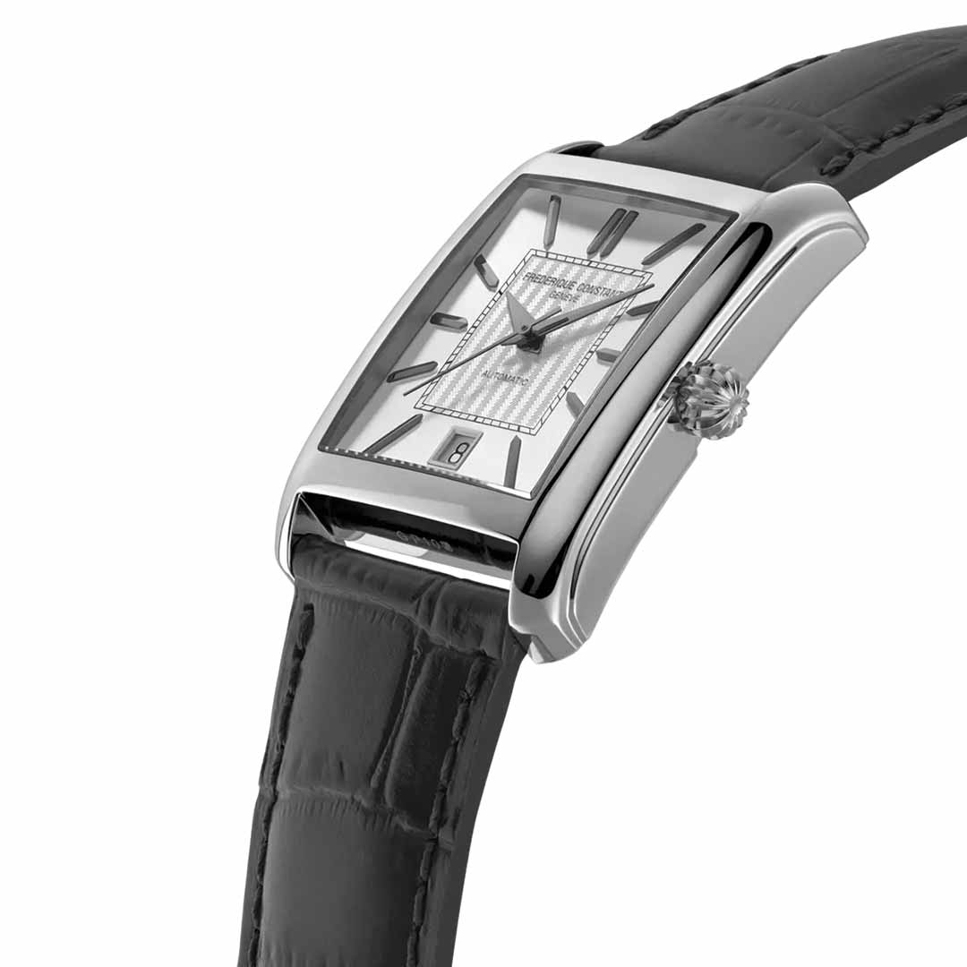 The Frederique Constant Classics Carree Automatic 42mm x 30mm Watch is a luxurious timepiece showcasing a sleek rectangular silver face with black hour markers and a date display. This elegant watch from Frederique Constant features a polished metal case complemented by a black leather strap with an exquisite crocodile pattern, embodying contemporary design. The metallic hands add an extra touch of elegance to its sophisticated look.