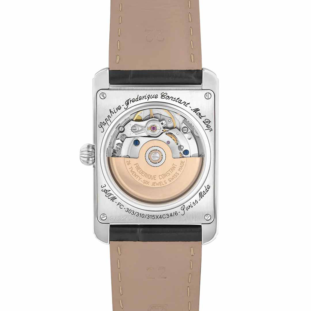 The image features the backside of the Frederique Constant Classics Carree Automatic 42mm x 30mm watch, boasting a visible mechanical movement. The case is rectangular with a transparent cover, showcasing the intricate mechanism and engravings. This classic piece of craftsmanship is complemented by a light brown leather strap.