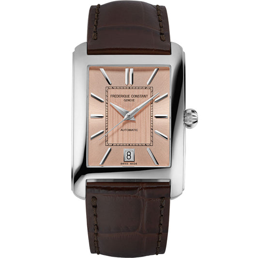 The Frederique Constant Classics Carree Automatic 42mm x 30mm features a rectangular case, brown leather strap, salmon dial with silver hour markers, date at 6 o’clock, and "Frederique Constant Geneve Automatic" on the dial.