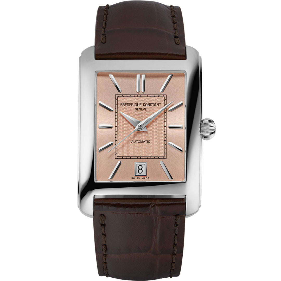 The Frederique Constant Classics Carree Automatic 42.3mm x 22mm watch features a salmon dial with silver markers, date at 6 o’clock, rectangular silver case, and a brown calf leather strap.