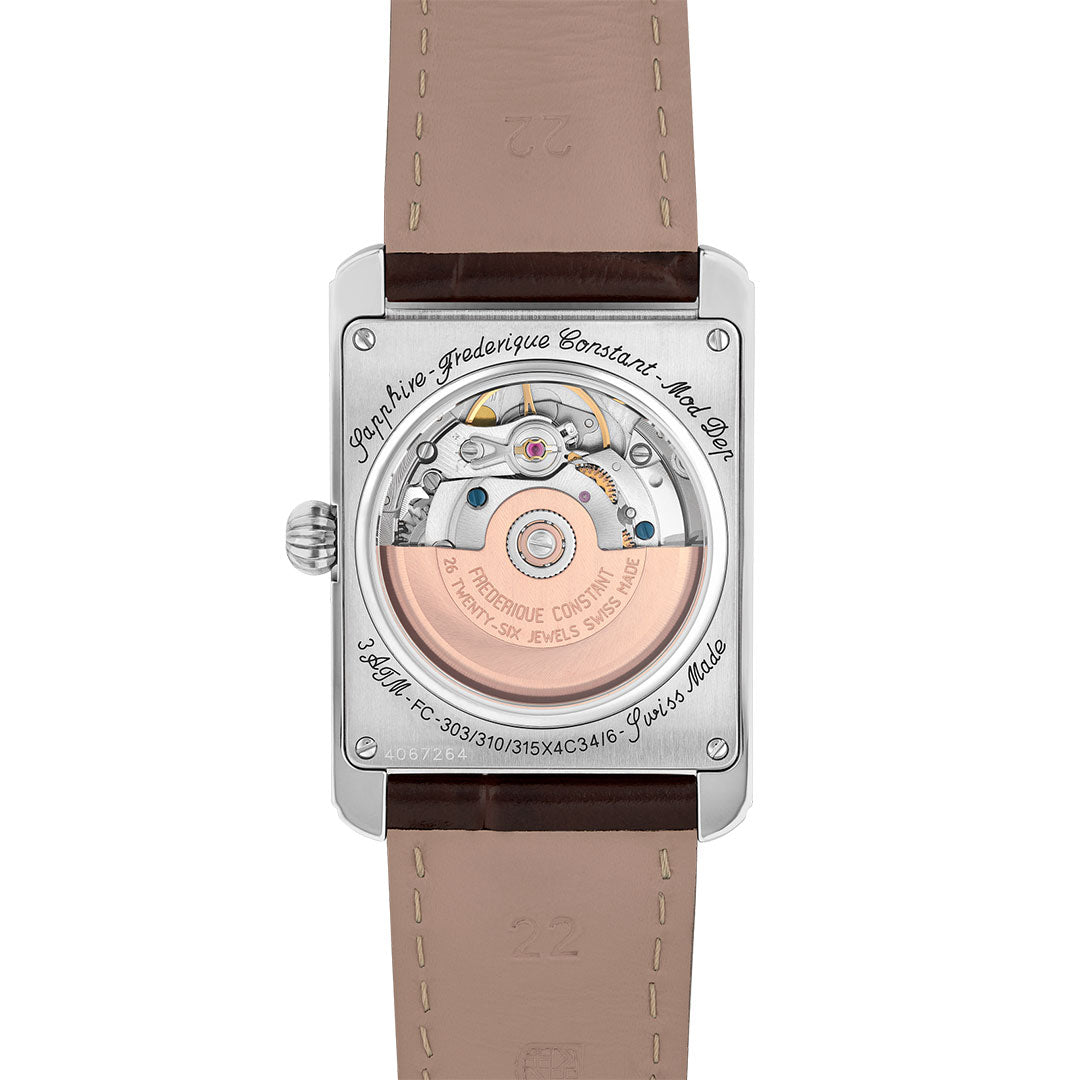 The Frederique Constant Classics Carree Automatic 42mm x 30mm watch features a transparent caseback that reveals its mechanical movement and engraved rotor, complemented by a stitched light brown leather strap for vintage 1920s flair.