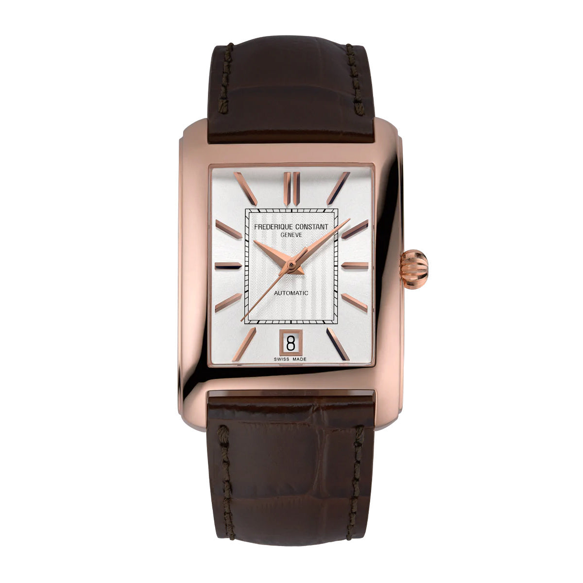 The Frederique Constant Classics Carree Automatic 30mm x 33mm Watch is a luxurious timepiece featuring a gold rectangular wristwatch with a brown leather strap. Its white square dial highlights rose gold-plated markers and hands, along with a date window at 6 o'clock. Elegantly labeled "Frederique Constant Geneve" and "Automatic" on the dial, it exemplifies refined sophistication.