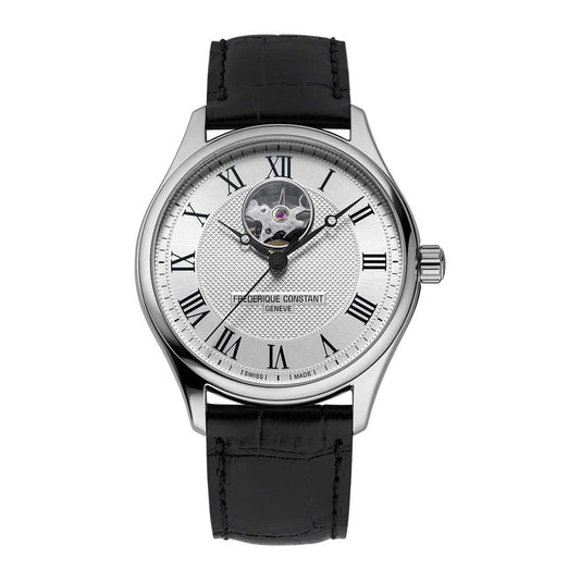 Presenting the Frederique Constant Highlife Heart Beat Automatic 40mm Watch, a luxury timepiece featuring a silver guilloche-style dial adorned with Roman numerals. It boasts a Heart Beat automatic movement visible at the 12 o'clock position, accompanied by a refined black leather strap and complemented by a polished stainless steel case.