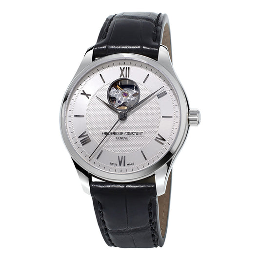 The Frederique Constant Classics Automatic 40mm Watch showcases a silver dial with Roman numerals and a visible movement window to reveal its automatic mechanism. This elegant timepiece is complemented by a sleek black leather strap and encased in refined stainless steel.