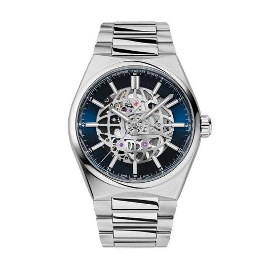 Introducing the Frederique Constant Highlife Automatic 41mm Watch, a luxury wristwatch with a silver metal band and an openwork design dial that reveals its intricate inner mechanisms. The watch face elegantly combines silver and blue tones, adorned with marked indices and luminous hands, all powered by Swiss Made movement.