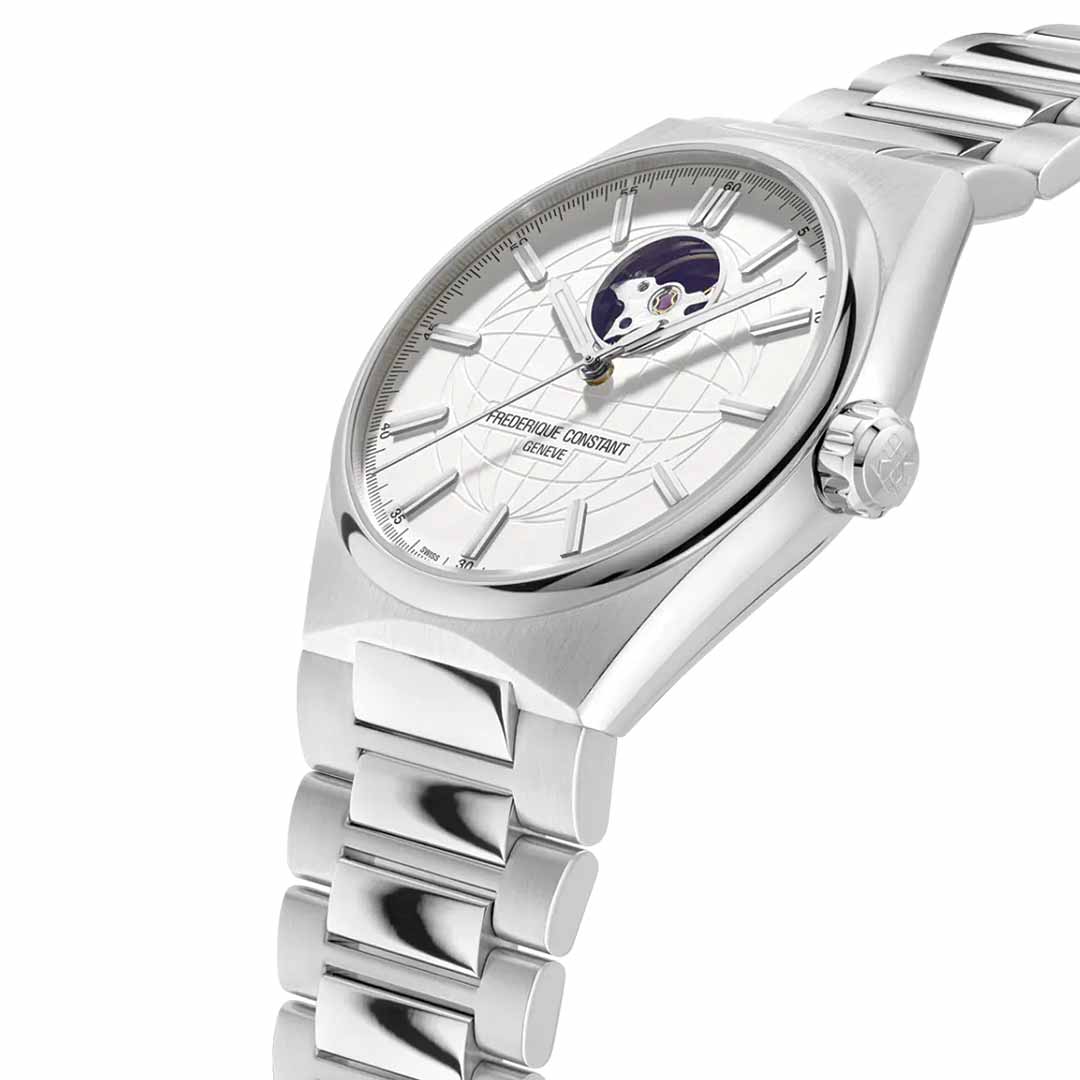 The Frederique Constant Highlife Heart Beat Automatic 41mm Watch, crafted in silver, boasts a detailed face with a moon phase display and the signature Highlife Heart Beat design. Featuring an automatic movement and minimalist style, its polished metal link band exudes an effortlessly stylish and sophisticated look.