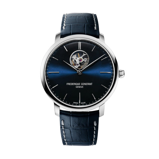 Introducing the Frederique Constant Slimline Heart Beat Automatic 40mm Watch, a luxury timepiece that features a captivating dark blue gradient dial and an open heart design at 12 o'clock. It elegantly displays silver markings and hands, set within a stainless steel case. The watch is completed with a textured black leather strap accented by white stitching, exemplifying Frederique Constant’s commitment to quality and style.