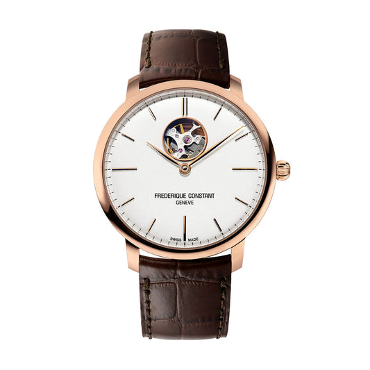 The Frederique Constant Slimline Heart Beat Automatic 40mm Watch showcases a luxurious rose gold plated case and a silver dial with visible internal mechanics, sleek black markers, and slender hands. It is complemented by a brown leather strap and features the "Frederique Constant Geneve" and "Swiss Made" text on the watch face.