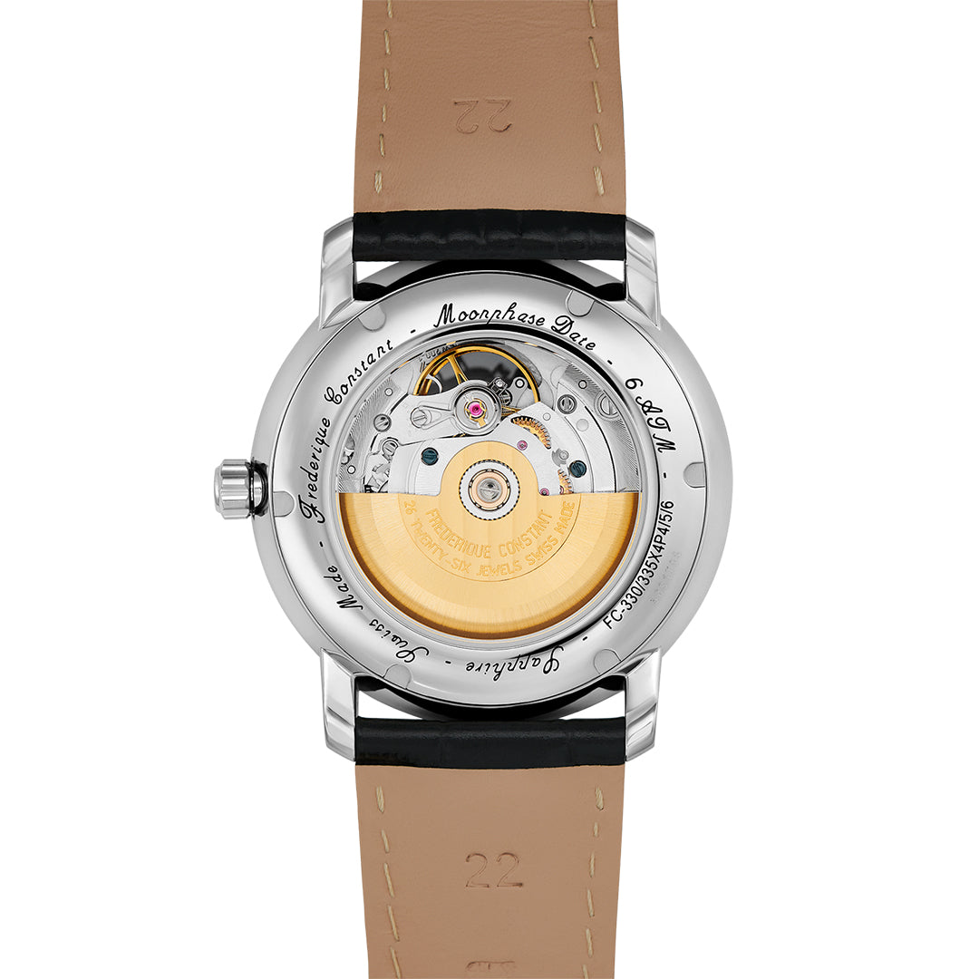 Back view of the Frederique Constant Classics Heart Beat Moonphase Date Automatic 40mm Watch, featuring an open heart mechanical movement with gold rotor, stainless steel case, brown leather strap, and engraved edge text.