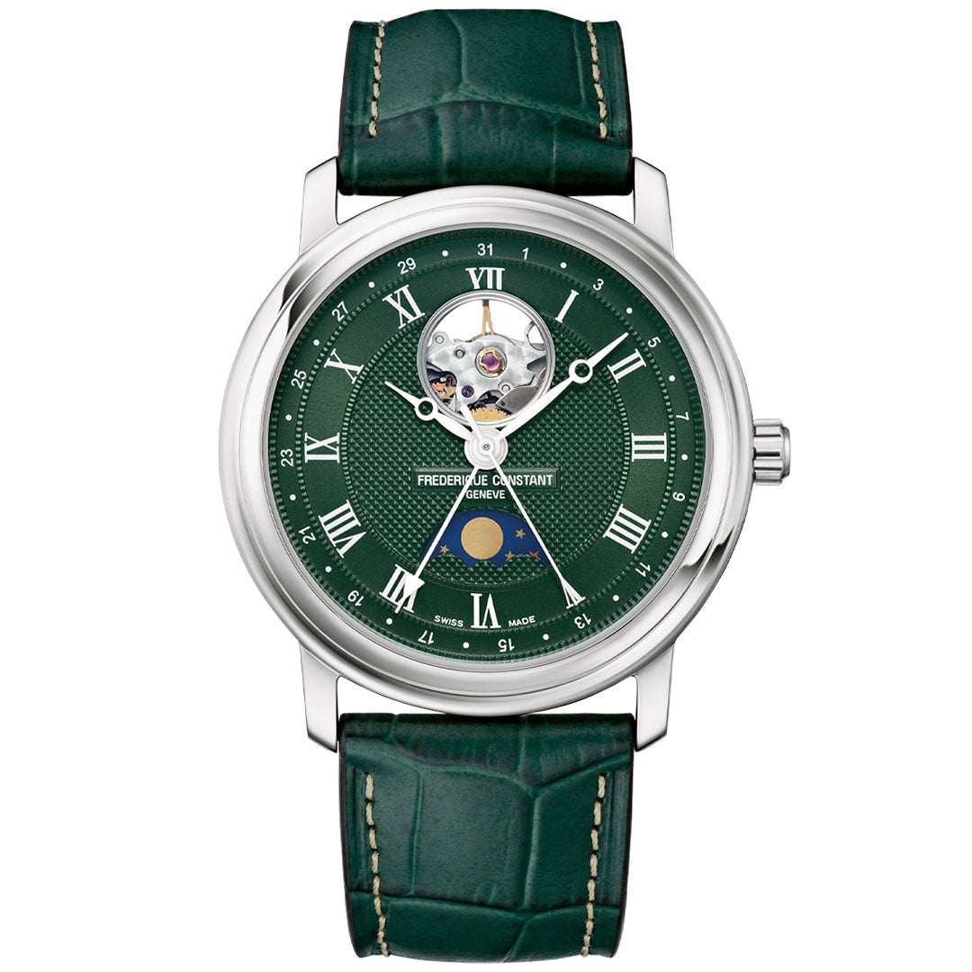 The Frederique Constant Classics Heart Beat Moonphase Date Automatic 40mm Watch features a green leather strap, green dial, silver case, visible movement at 12 o’clock, moon phase at 6 o’clock, and silver Roman numerals—a blend of classic and modern design.
