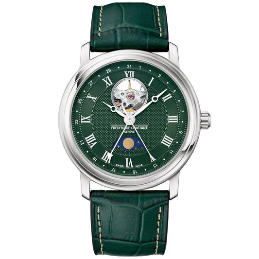 The Frederique Constant Classics Heart Beat Moonphase Date Automatic 40mm Watch features a green leather strap, green dial, silver case, visible movement at 12 o’clock, moon phase at 6 o’clock, and silver Roman numerals—a blend of classic and modern design.
