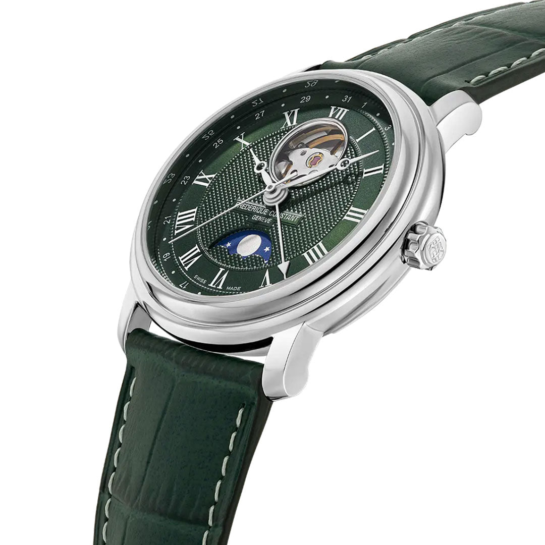 The Frederique Constant Classics Heart Beat Moonphase Date Automatic 40mm Watch features a green textured dial with Roman numerals, a moon phase display, silver case, and a green leather strap with white stitching for timeless elegance.