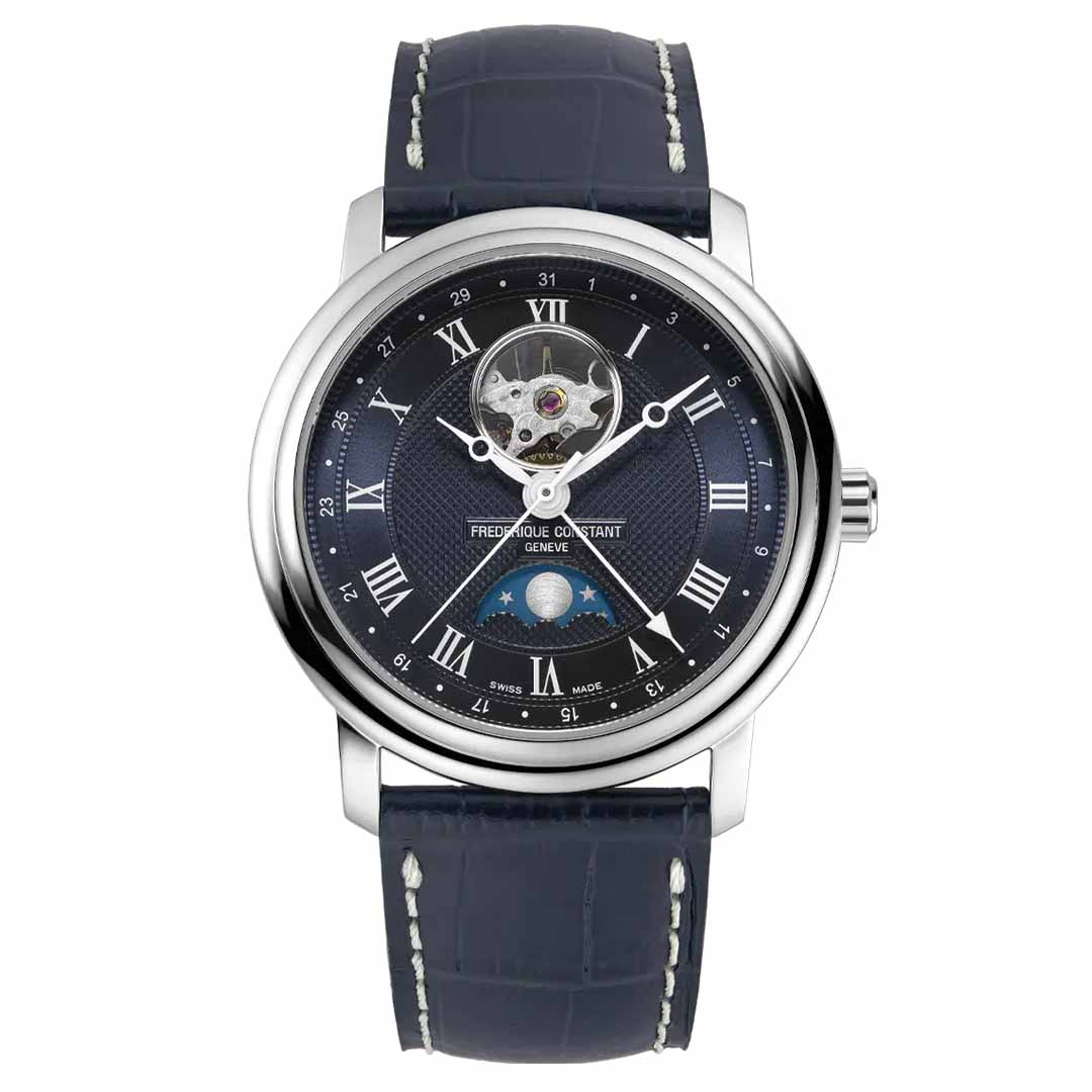 Discover the elegance of the Frederique Constant Classics Heart Beat Moonphase Date Automatic 40mm Watch. This luxury timepiece boasts a dark blue, textured dial adorned with Roman numerals and a moon phase date display. Its sophisticated design is enhanced by a visible tourbillon and Heart Beat automatic movement. Complemented by a silver-tone case and matching blue leather strap, it's truly timeless.