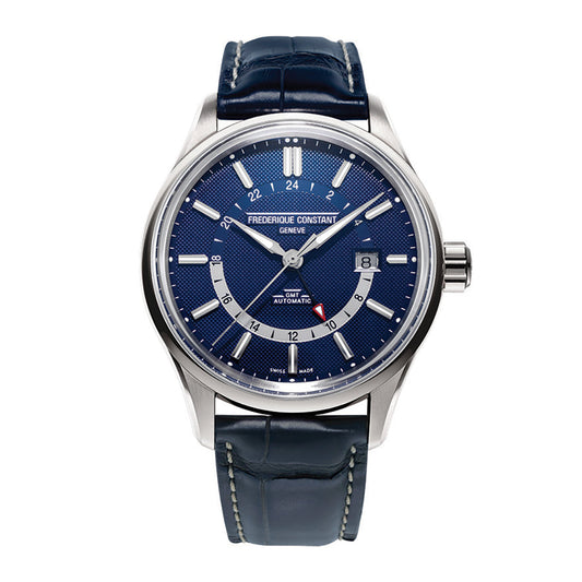 The Frederique Constant Yacht Timer GMT Automatic 42mm Watch is an ideal choice for the boating enthusiast, featuring a silver-framed design with a blue leather strap and a textured blue face. It includes silver hour markers, a date display, and a second hand. The watch elegantly showcases the "FREDERIQUE CONSTANT GENEVE" brand name paired with a sophisticated 24h GMT function.