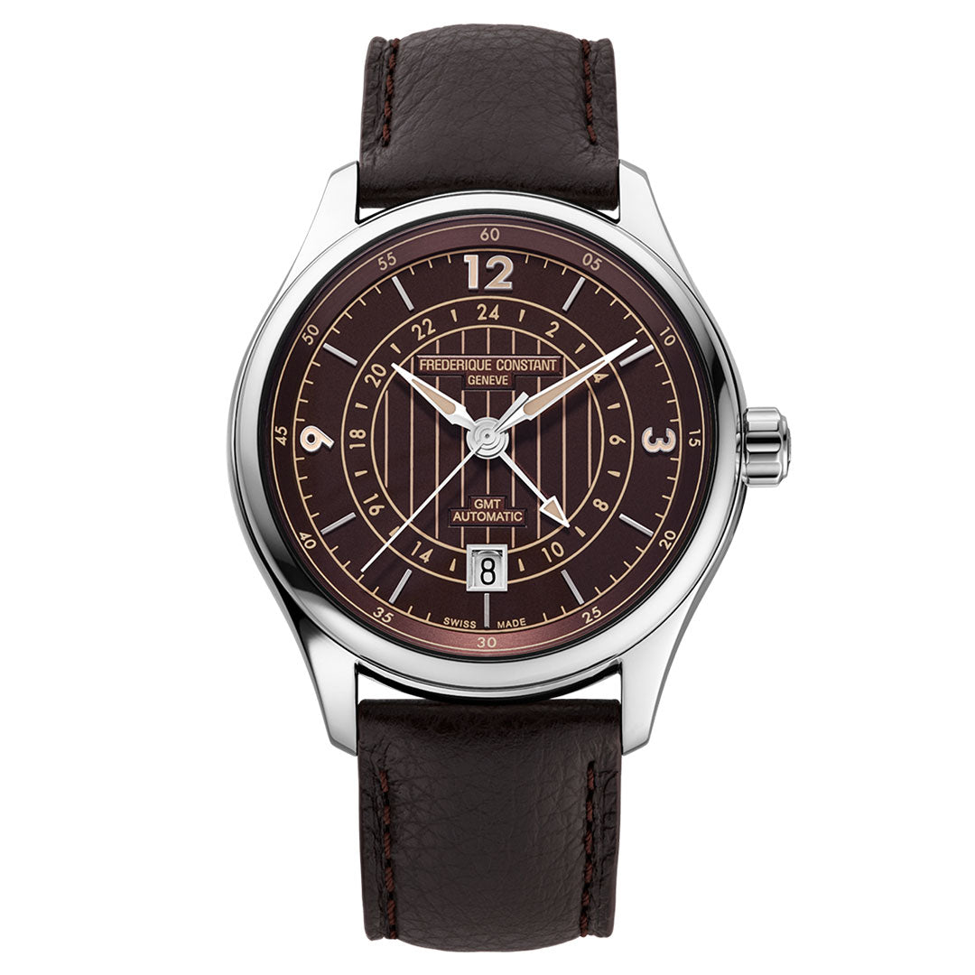 A Frederique Constant Classics Runabout Automatic 42mm watch featuring a brown dial with white numerals and markings, prominently labeled “GMT Automatic.” The timepiece pairs a supple brown leather strap with a stainless steel case and elegant silver bezel, embodying the classic charm of an automatic GMT watch.
