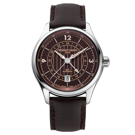 A Frederique Constant Classics Runabout Automatic 42mm watch featuring a brown dial with white numerals and markings, prominently labeled “GMT Automatic.” The timepiece pairs a supple brown leather strap with a stainless steel case and elegant silver bezel, embodying the classic charm of an automatic GMT watch.