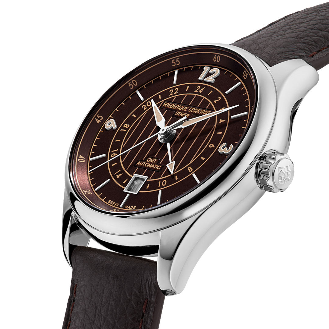 A Frederique Constant Classics Runabout Automatic 42mm watch featuring a brown dial, stainless steel case, and brown leather strap with silver hands, displayed at an angle on a white background.