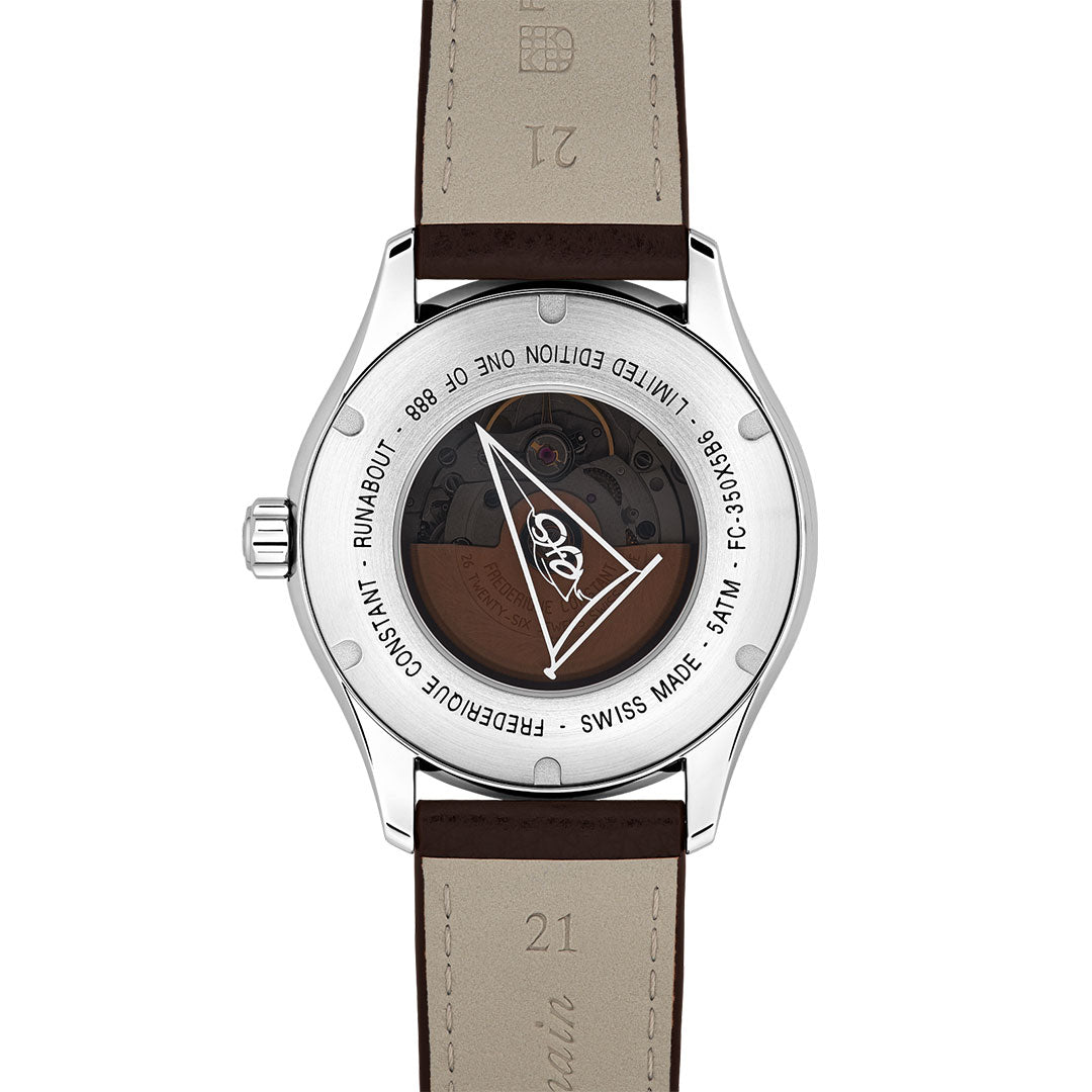 A close-up of the back of the Frederique Constant Classics Runabout Automatic 42mm Watch showcases its silver case, brown leather strap, and engraved detailing along the perimeter. The exhibition case back displays the intricate inner workings of this automatic timepiece and features a triangular emblem in the center, celebrating its partnership with the Riva Historical Society.