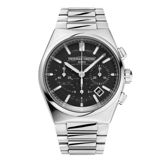 The Frederique Constant Highlife Chronograph Automatic 41mm Watch is a silver wristwatch featuring a black dial with silver hour markers, three sub-dials, and a date display. Reflecting the excellence of Geneva watchmaking, it includes stainless steel links, an elegant casing, and side push buttons, all driven by automatic movement.