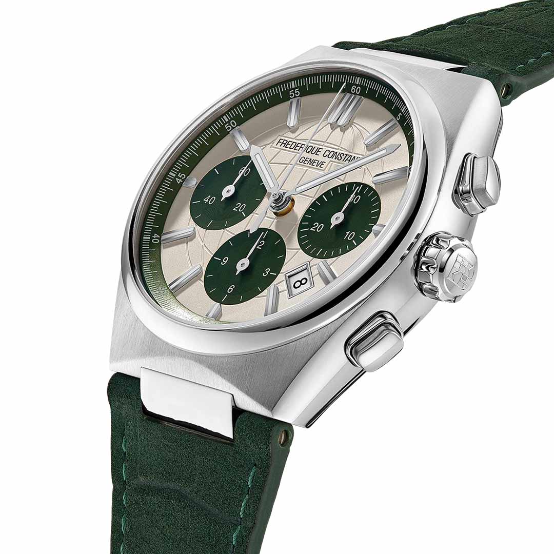 Explore the Frederique Constant Highlife Automatic 41mm Watch Limited Edition, a luxurious timepiece designed with a silver case and green leather strap. This exclusive watch is equipped with three green subdials, a date display, and silver hour markers. Powered by the FC-391 movement, it also features an elegantly engraved brand logo on the crown.