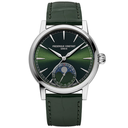 This luxury wristwatch, the Frederique Constant Manufacture Classic Moonphase Date Automatic 40mm Watch, features a striking green dial and leather strap. It boasts a moon phase indicator, date subdial, and an impressive 72-hour power reserve. Silver hour markers and hands accentuate the minimalist design, while "Frederique Constant Genève" elegantly adorns its face.