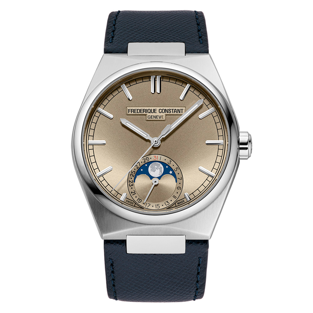 A Frederique Constant Highlife Moonphase Date Manufacture Automatic 41mm Watch with a sunray champagne dial, a moonphase indicator and date sub-dial at the six o’clock position, and a dark blue leather strap.
