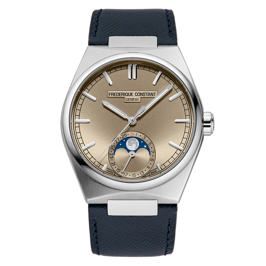 A Frederique Constant Highlife Moonphase Date Manufacture Automatic 41mm Watch with a sunray champagne dial, a moonphase indicator and date sub-dial at the six o’clock position, and a dark blue leather strap.