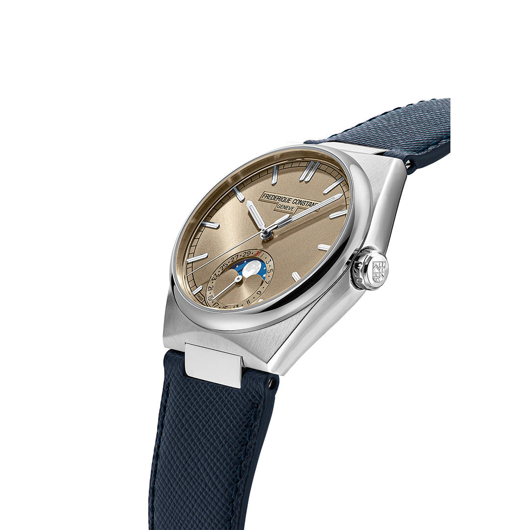 Frederique Constant Highlife Moonphase Date Manufacture Automatic 41mm Watch in stainless steel featuring a tan dial, moonphase display, and a textured blue strap.